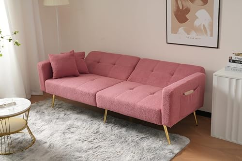 KecDuey Schlafsofa mit Bettfunktion, 2 Sitzer Sofa,verstellbarem Winkel, goldenen Beinen, mit Kissen und seitlichen Aufbewahrungstaschen (Rosa)