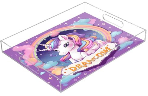 Purple Unicorn Acrylic Serving Trays, Clear Rectangular Tray with Handles Serving Platter for Coffee Table Kitchen Bathroom
