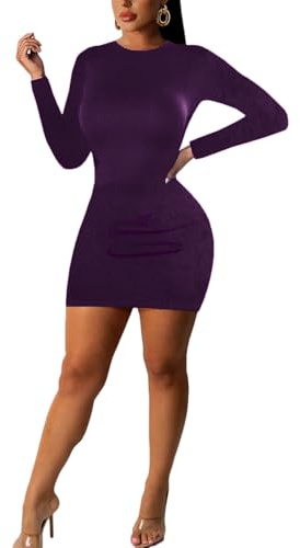 Sumche Women's Long Sleeve Bodycon Dress - Mini Spring Fall Club Party Fitted Tight Pencil Dresses, Dark Purple, S