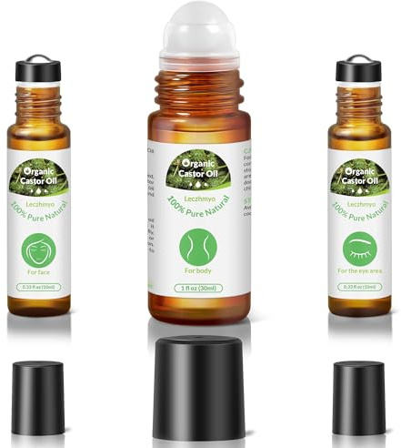 Leczhmyo Organic Castor Oil Roll on for Belly, Face, Body, Under Eyes– Certified Organic, Cold Pressed, Hexane Free, Unrefined – 3 Glass Bottle Pure Roller Ball Castor Oil to Moisturize Skin, Lips | For the Face, Body & Under Eyes, 100% Pure Roller Ball Castor Oil to Moisturize Skin, Lips, Hexane Free, Ideal Gift