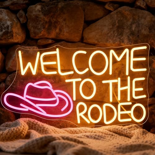 Welcome To The Rodeo Neon Sign, Cowboy Hat Neon Light for Wall Decor, LED Dimmable Letter Light Up Sign with USB Powered for Living Room Home Bar Birthday Party Game Room