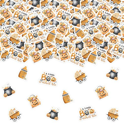 Cheereveal 200pcs Halloween Baby Shower Confetti, A Little Boo is Almost Due Decorations Black Orange, Cute Ghosts Spider Pumpkin Confetti Table Decor for Baby Shower Birthday Party Supplies