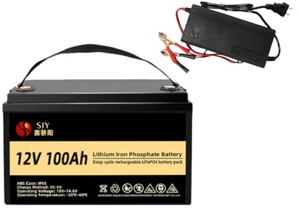 SaiJiaoYang 12V 100Ah LiFePO4 con 10A Cargador, Construir en 100A Smart BMS Deep Cycle Grado A Batería de Litio 1280Wh per Off-Grid, RV, Barca, Camper, Rimorchio da Viaggio