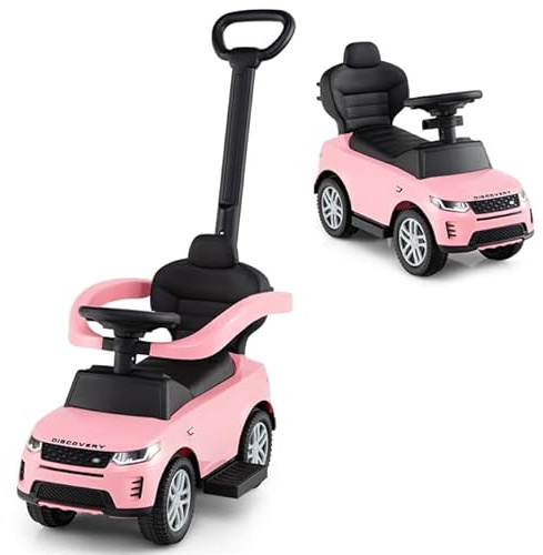 COSTWAY Coche de Correpasillos para Niños 3 en 1, Juguete de Paseo con Mango Removible y Barra de Protección, Cochecito Deslizante de Piso con Bocina y Sonido de Arranque (Rosa)