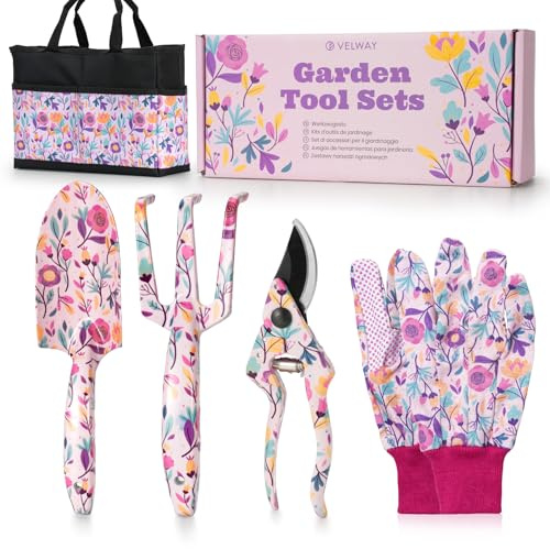 Velway Ensemble d’Outils de Jardinage 7 Pièces – Outils de Jardin à Motif Floral en Métal avec Gants & Coffret pour Femmes, Fête des Mères, Noël, Anniversaire