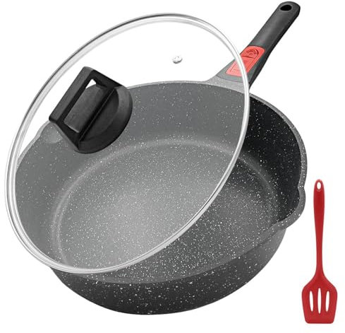 THEGA Skillet Pan For Cooking Saute Pan With Removable Handle, 28cm Nonstick Deep Frying Pan With Lid, Dishwasher Safe, Oven Safe, Compatible With All Stovetops(Black)