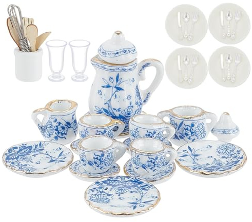 arricraft 27 piezas de accesorios de cocina para casa de muñecas en miniatura a escala 1:12, incluye mini taza de té de porcelana, batidores de huevos, ollas y sartenes de metal, platos de muñeca