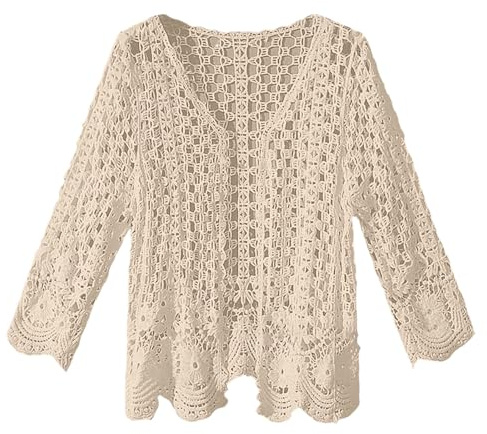 Cardigan Grandes Tailles Crochet Tricot Fleurs Couverture Avant Ouvert Vague Mesh Manteau de Plage Tunique Manches Longues, beige, taille unique