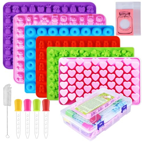 Gummy Bear Molds Silicone 37PCS Set,Nonstick Candy Mold 18 Shapes for 327 Candies, With 4 Droppers, Brush, Storage Box, 25 Wrappers, Including Dinosaur Fruit Animals Mini Donut Shaped