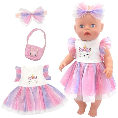 Baby Doll Clothes Dress for 14-18 Inch Baby Dolls, Pink Sweet Doll Outfits Dress Accessories Includes Cat Tutu Skirt Bow Hairband Bag for 35-45 cm Doll, Gift for Kids Friends Girls Birthday