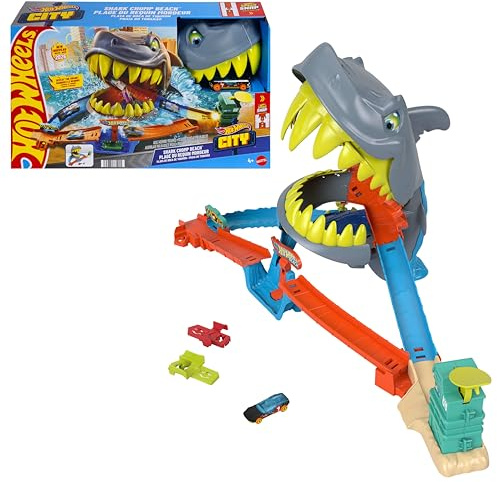 Hot Wheels Spielzeugauto-Trackset, City-Spielset Hai-Alarm am Strand mit Die-Cast-Fahrzeug im Maßstab 1:64. 2 Spielmöglichkeiten, den Hai außer Gefecht setzen oder gefressen werden, JHL96