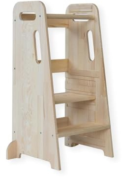 Zwergensache Lernturm ab 1 Jahr – Höhenverstellbar ohne Werkzeug – Vollholz Natur Kiefer - Kinder-Küchenhelfer, Lernturm aus Holz – kippsicher & stabil – fördert Selbstständigkeit - 1 bis 5 Jahre