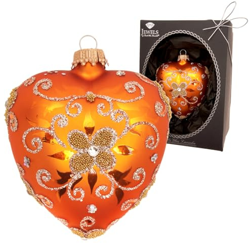 Krebs Glas Lauscha Herzornament aus Glas - handbemalte Weihnachtsdeko in warmem Orange mit goldenen Glitzerverzierungen & Strass – Mundgeblasen - in Geschenkbox - herzlicher Weihnachtsbaumschmuck