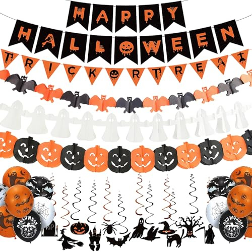 Meriviva Halloween Decorations, Reusable Halloween Decoration Indoor Set with Banner Balloons Paper Tassels Hanging Swirl Halloweens Decor Kit for Home,Office,School (Style3)
