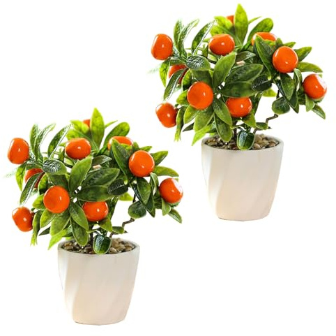 ANGGREK 2 Piezas Peque?as Frutas Bonsai Limonero Artificial Mini Plantas en Macetas con Maceta de Pl¨¢ para Decoraci¨®n de Escritorio de Oficina en Casa Plantas Verdes Falsas (3)