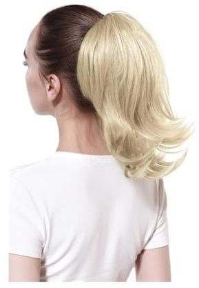 Syntetisk kloklämma i hästsvans hårdel hästsvans syntetiskt hår vågig blond fläta med gummiband hårförlängningar hår ponytail för kvinnor flickor (strandblond)