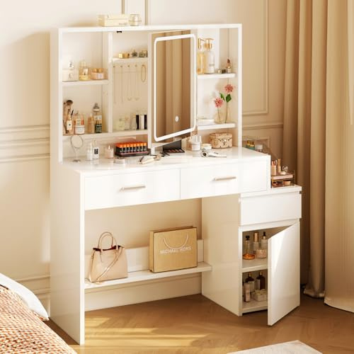 JUMMICO Coiffeuse avec LED, 3 Luminosité Réglable, Table de Maquillage avec Miroir, Jewellery Hooks, 5 Tiroirs, 6 Compartiments Ouverts, Moderne, Blanc