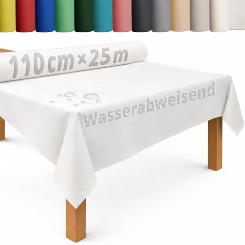 DecoHomeTextil Tischdecke Vliesstoff Rolle 1.1 x 25 m Weiß | abwaschbar, wasserabweisend, zuschneidbar, anpassbar, Tischdeckenrolle, Vlies