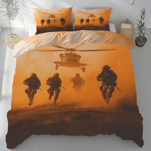 Lwznbio Housse de Couette 135x200 Respirant Hélicoptère Militaire Linge de Lit pour Été Microfibre Doux Champ de Bataille du Désert Parure de Lit avec Fermeture Éclair et Taie d'oreiller 65x65 cm