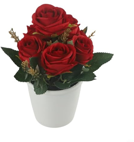 KHIronHive Artificial Rose Flower Small Tree In Pot – Lifelike Potted Plant With Plastic And Silk Blooms For Wedding, Party, Home, Office, Restaurant Or Garden Decoration, 18X10x8cm(Red)
