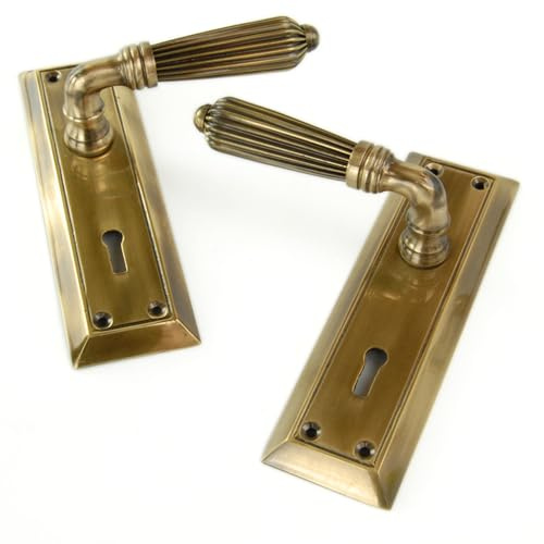 UNDERGROUND PARTS Antique Solid Brass Regency Reeded Lever Door Handles on Long Lock Backplate