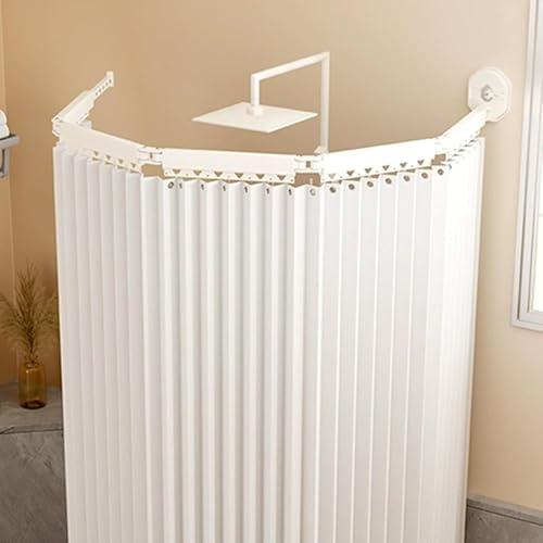 Vikbart duschdraperi med stång – ingen borr, tvättbart badrumsdraperi med starka sugkoppar, perfekt för badkar och hörndusch, linnematerial (104 cm + 25 cm, vit)