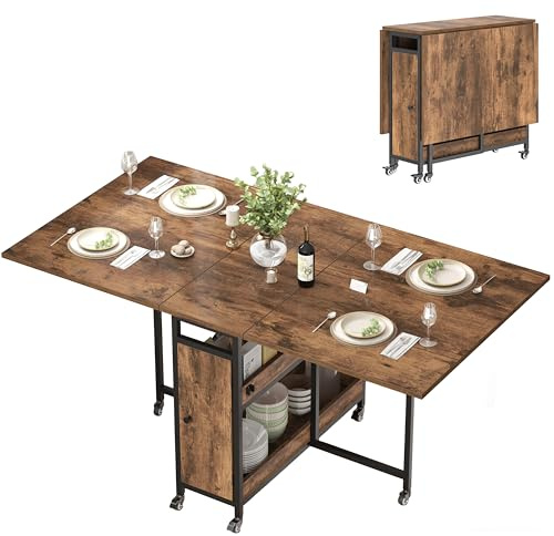 HSH Mobile Extendable Dining Table with Storage 130cm Brown Dinner Desk