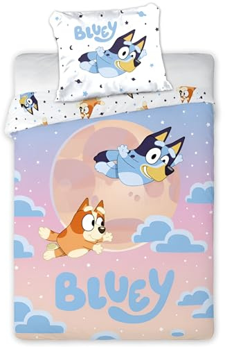 BrandMac Bluey & Bingo barnsängset | Enkelt påslakan 140 x 200 cm med örngott 50 x 70 cm | Officiell Bluey-sängkläder | Färgrik tecknad design för barns enkelsängar