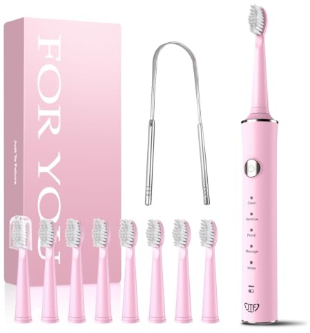 JTF Cepillo de Dientes Eléctrico Sónico – Limpieza Profunda para Encías Sensibles, 5 Modos, 45 Días de Batería, 8 Cabezales, IPX7 Impermeable, Temporizador Inteligente, Ideal para Viajes (Rosa)