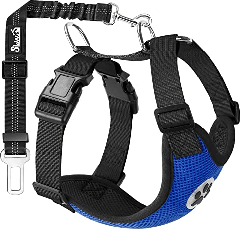 SlowTon Dog Car Harness Seatbelt Set, Pet Vest Harness with Safety Seat Belt for Trip and Daily Use Adjustable Elastic Strap and Multifunction Breathable Fabric Vest in Vehicle for Dogs