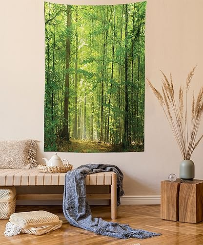 ABAKUHAUS Wald Wandteppich, Laub Wald Sommer aus Weiches Mikrofaser Stoff Waschbar ohne Verblassen Digitaldruck, 110 x 150 cm,Grün