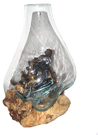 SAWA Spezielle Deko Glasvase Blumen-Vase auf Treibholz/Wurzel-Holz, Höhe der Blumenvase mit Holz: ca. 25 cm