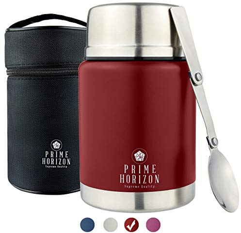 Prime Horizon Food Flask - 500ml Stainless Steel Vacuum Double Wall Jar with Folding Spoon, Leakproof and BPA Free. Free Insulated Travel Bag with Carabiner and Gift Box (Red)