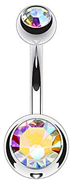 Taffstyle Bauchnabelpiercing Titan Stab Piercing Banana Bauch Bauchnabel Stecker Doppelte Kugel Zwei Glitzer Kristall Kurz Silber Rainbow 1,6mm x 8mm x 4x6mm
