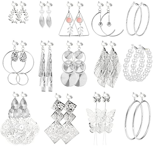 Finrezio 14 Paar Ohrclips Damen Nicht Durchbohrte Creolen mit Blatt Und Fransen lange Ohrhänger Hypoallergen