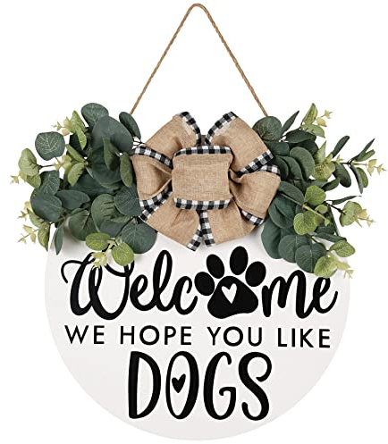Welcome We Hope You Like Dogs Farmhouse Türschild für Haustür, Veranda-Dekoration, Φ30 cm, rundes Holz mit Eukalyptusblättern, zum Aufhängen, Hausdekoration für Hunde, Liebhaber, Geschenk (weiß)