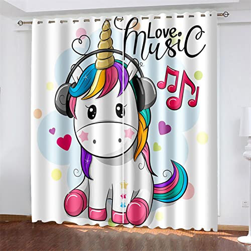 MTBDyyds Verdunkelungsvorhänge 3D Drucken 150X166Cm Cartoon Einhorn Musik Verdunklungsvorhänge Kinderzimmer 2 Stück Vorhang Blickdicht Ösenschal Kindergardinen Junge Verdunklungsgardine