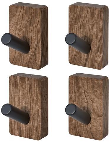 IURRDOP 4 PCS Black Walnut Wood Wall Hooks, Adhesive Mounted & Wall Mounted Rustic Decorative Entryway Hooks, Mid Century Modern Natural Wooden Pegs for Hanging Coat Clothes Hat Bag Purse and Towel