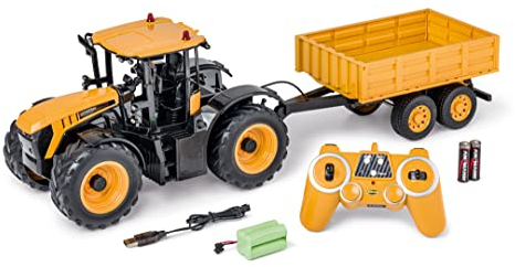 CARSON 500907654 - 1:16 RC Traktor JCB mit Anhänger 2.4G 100%RTR - Ferngesteuertes Fahrzeug, Traktor mit Funktionen Licht und Sound, Ferngesteuerter Traktor, Gelb