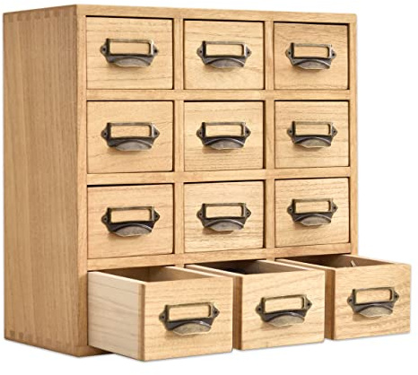 KIRIGEN Wooden Desktop Organiser with 12 Drawers, Natural | Paulownia wood with plant oil finish; 12 labelled drawers for cards, stationery, craft, jewellery and tea