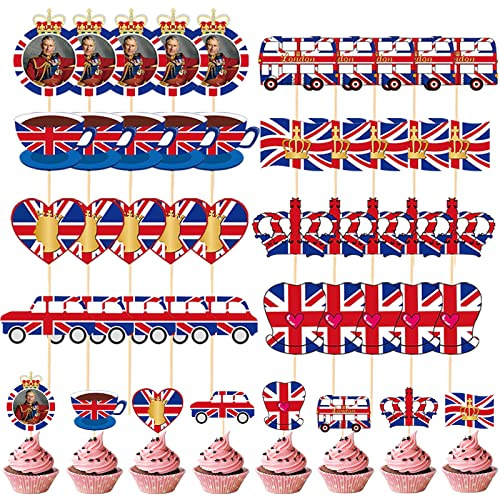 Pack of 40 Union Jack Cupcake Toppers British Flag Cake Toothpick Cocktail Sticks Tableware Party Supplies for King's Birthday, Charles III Coronation, British Decorations