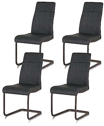 KHG 4er-Set Esszimmerstühle Schwingstuhl Polsterstuhl Küchenstuhl | Kunstleder anthrazit, Designstuhl Sitzhöhe 48 cm, Freischwinger mit Griff, LED, für Esszimmer und Wohnbereich