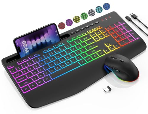 Wireless Keyboard and Mouse Combo - 9 Backlit Effects, RGB, Ergo Wrist Rest, Phone Holder, 2.4G Full Size, Rechargeable, Sleep Mode, KM22 MAX Quiet Set for Computer, PC, Laptop, Mac, Windows- SABLUTE