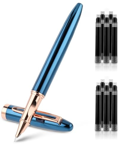 Amaxiu ensemble de stylo, 0.38 mm plume en métal à pointe fine de avec 10 noir cartouches d'encre de 3.4 mm, stylo de calligraphie de luxe, cadeau de fournitures de bureau et scolaires(bleu)