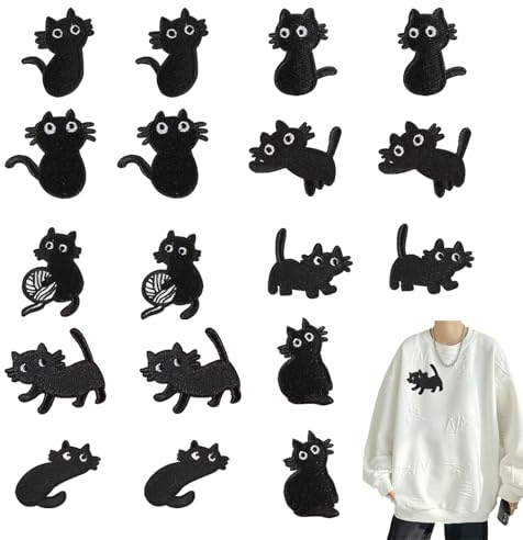 KASESSS 18 Stück Aufnäher, Niedlich Bügelbilder für Textilien, Schwarze Katze Patches zum Aufbügeln, Aufbügelbilder Kleidung und Handarbeiten, Applikationen zum Aufnähen für Hosen Jeans Hemden Mützen