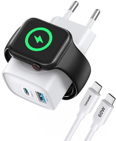 TOPADRE Ladegerät für Apple Watch mit 1m Kabel, 3 in 1 20W USB C Ladegerät | 20W PD 3.0 Schnellladegerät Stecker Ladekabel für Apple Watch 11-6/SE, für iPhone 17, für iPad/AirPods Reise-Essential Charge