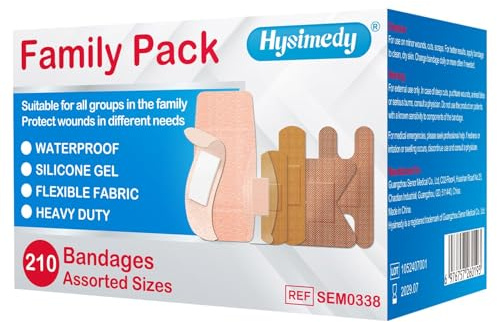 Hysimedy Adhesive Assorted Bandages Variety Pack 210 Counts Flexible Fabric Heavy Duty Waterproof Silicone Hypoallergenic Latex Free for Sensitive Skin Wounds Care Medical First Aid Kit Supplies