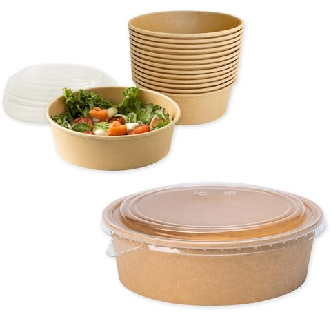 ECOPICNIC 50 Pack Kraft Salad Bowls with PET Lids 1100 ml | Disposable Food Containers for Salads, Soups, and Takeaway, Eco-Friendly Paper Bowls with Clear Leak-Proof Lids