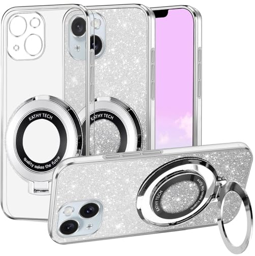 Kainevy Cover per iPhone 13 Mini Trasparente Magnetica con Anello Supporto, Antiurto Brillantini Custodia per iPhone 13 Mini Cover Silicone Glitter 2 in 1 Separabile Sottile Case Rosa (Argento)