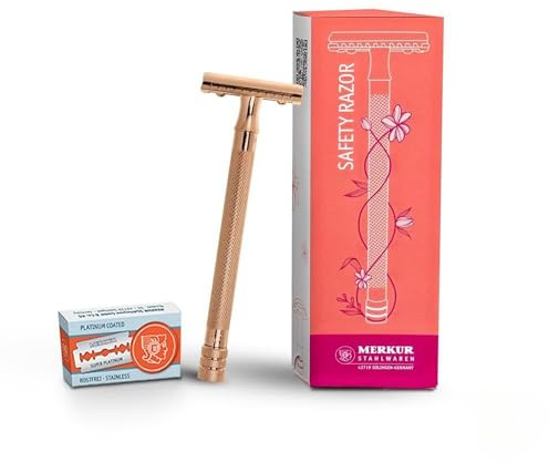 MERKUR 24G Rasierhobel für Damen mit 10 Premium Rasierklingen | extra langer Griff | Dreiteiliger Rasierer | gerader Schnitt | Roségold | Made in Germany